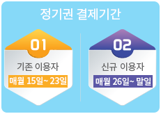 01:기존정기권이용자 결제기간 매월15~25일, 02:신규배정 정기권이용자 결제기간 매월26일~말일